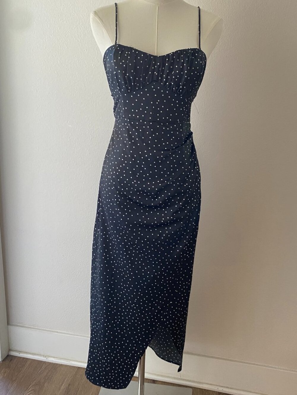 ZARA Polka Dot Corset Midi Dress Navy Black Sweetheart Neck